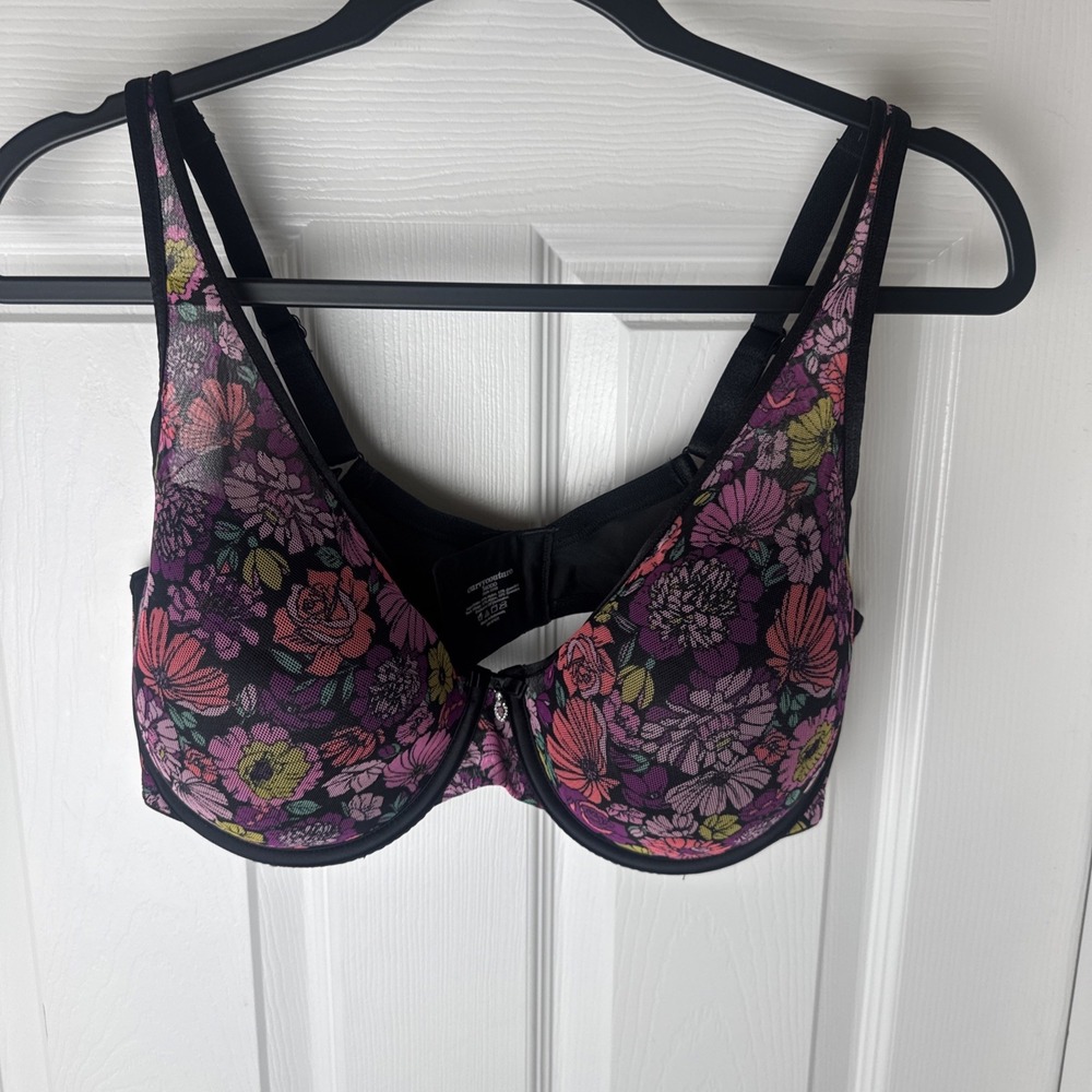 Curvy Couture Women's Sheer Mesh Plunge T-shirt Bra Retro Roses Size 4